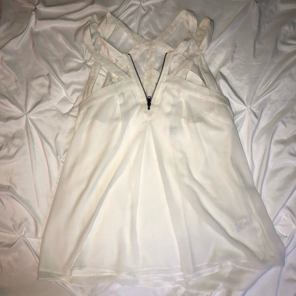 White chiffon cage detail zip front blouse